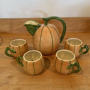 The Haldon Group Cantaloupe Pitcher & 4 Cups Made In Italy Hand Painted